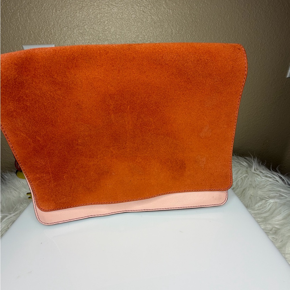 Fossil Pink and Orange Suede Clutch Purse  with Gold Hardware